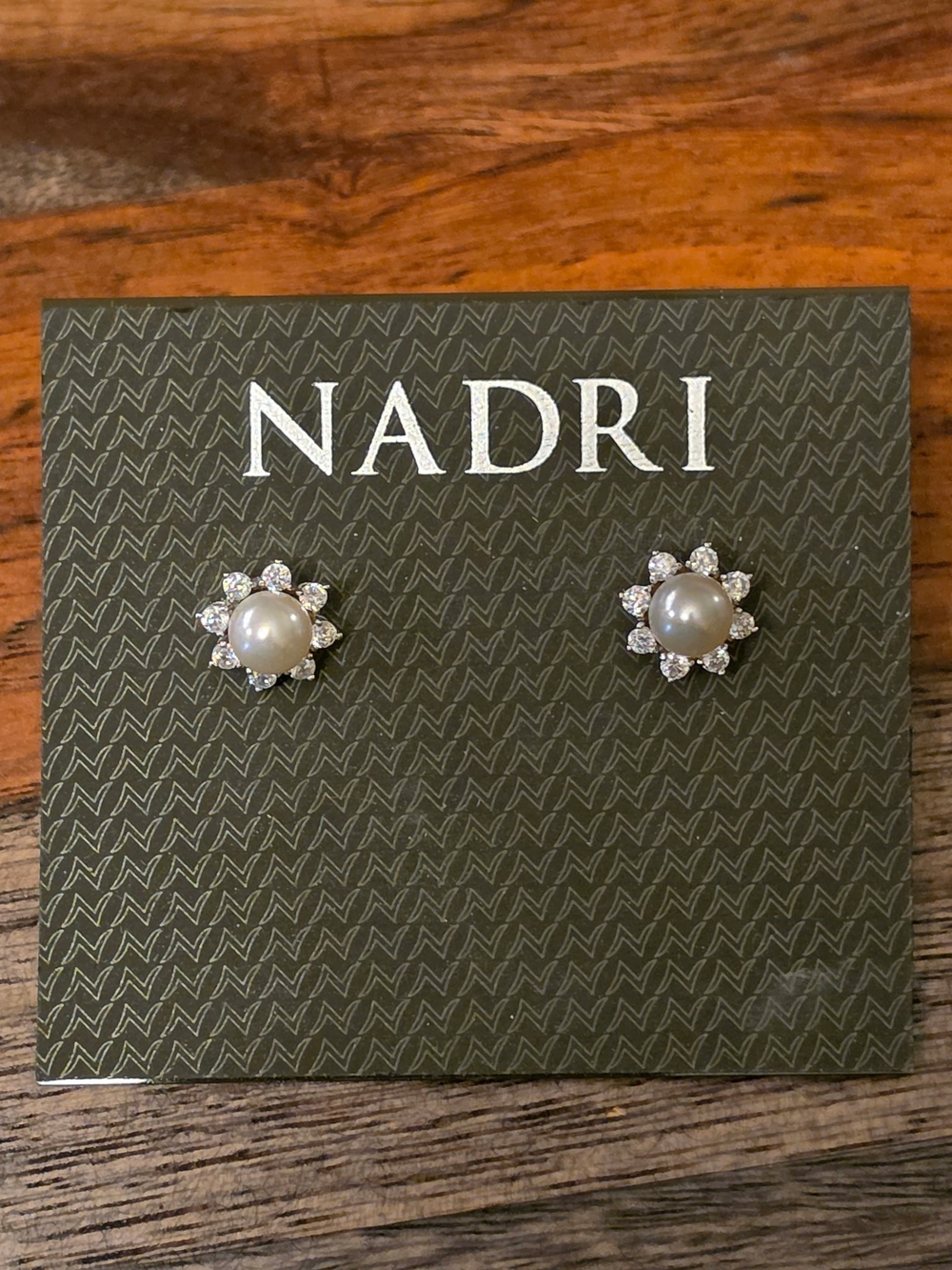 Nadri Cream Pearl and Silver Crystal Flower Stud Earrings